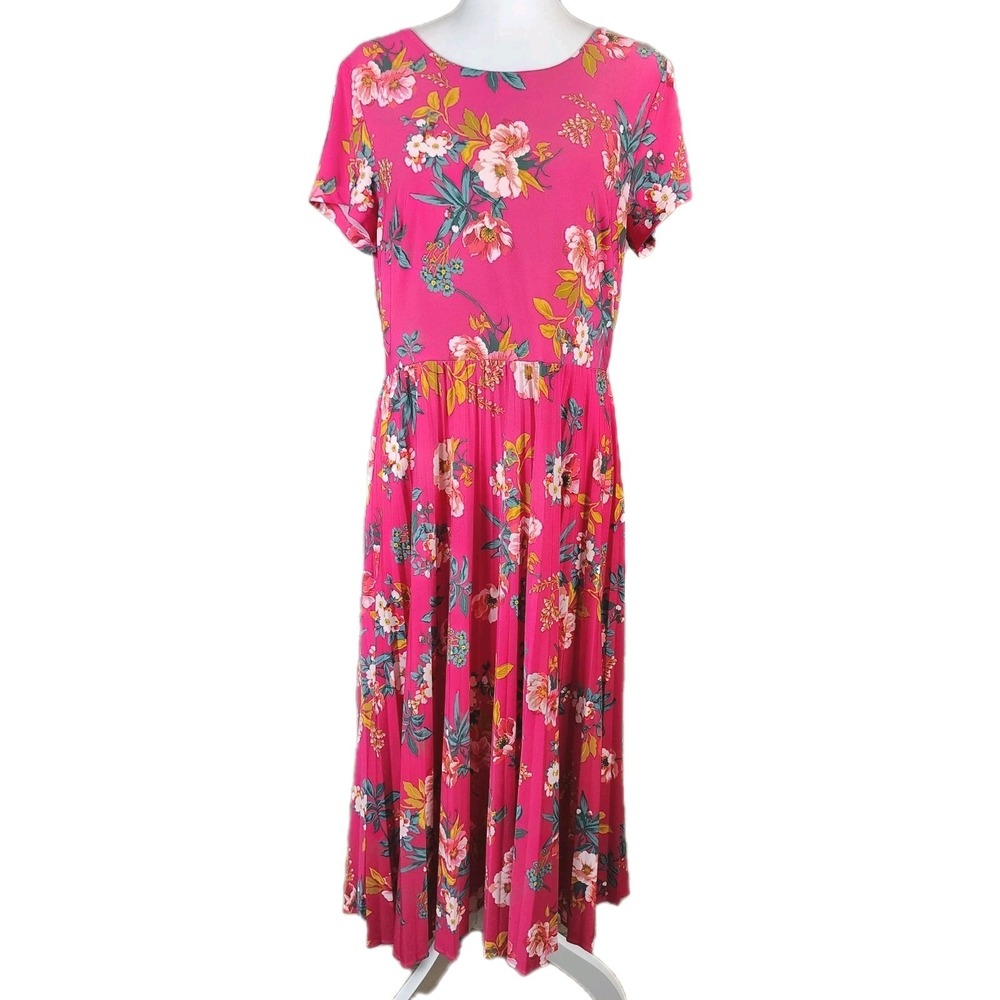 LOFT Midi Dress Womens 10 Pink Floral Pleated Stretch Classic Feminine Officecor